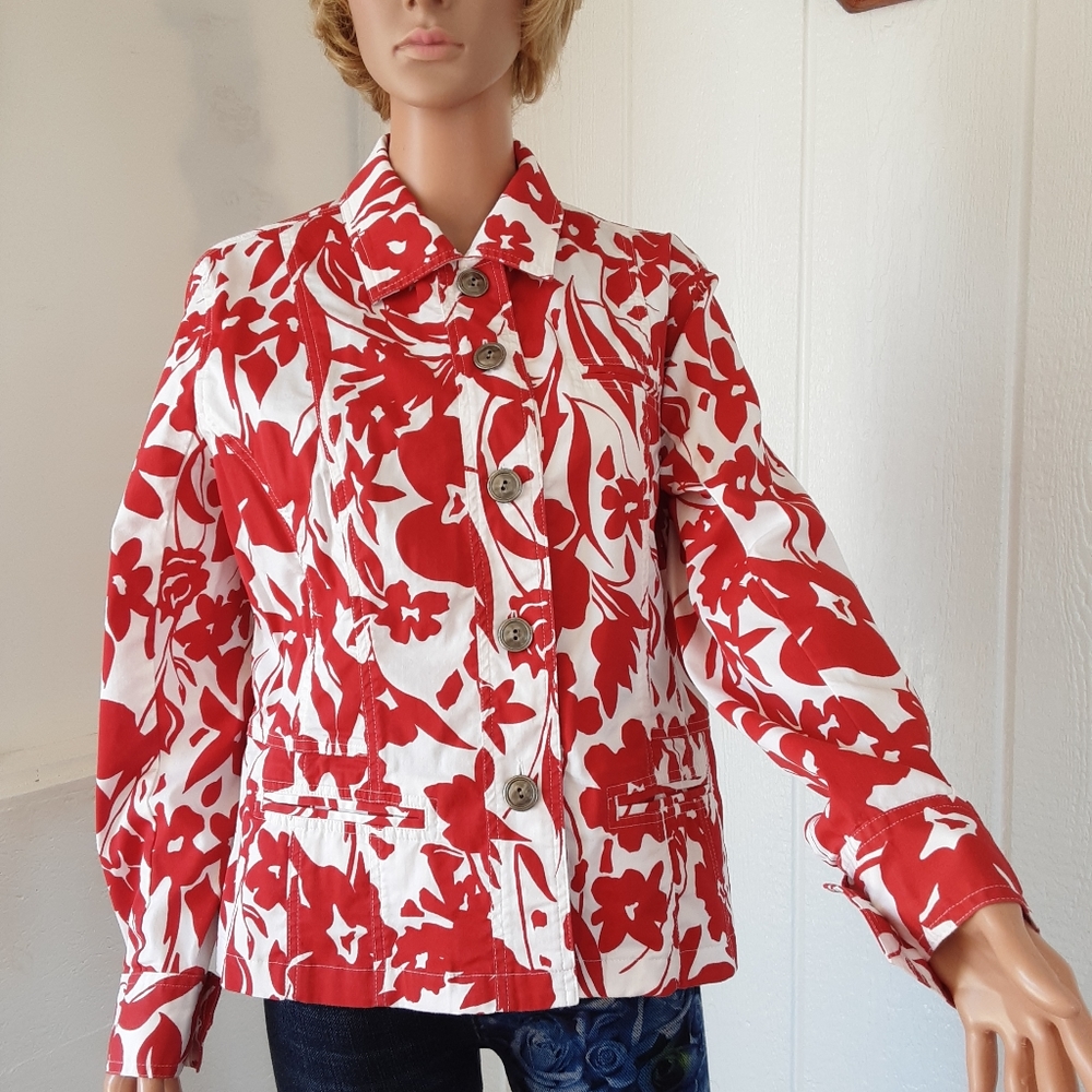 Chico's 39 Women's Jacket  Stretch Sz 2 Lined Preowned Red/White Flowered.